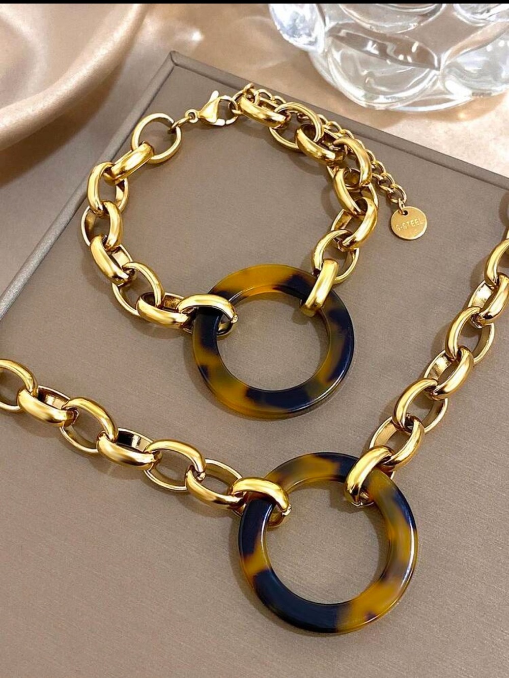 Gold Chain Necklace and Bracelet Set with Tortoiseshell Rings